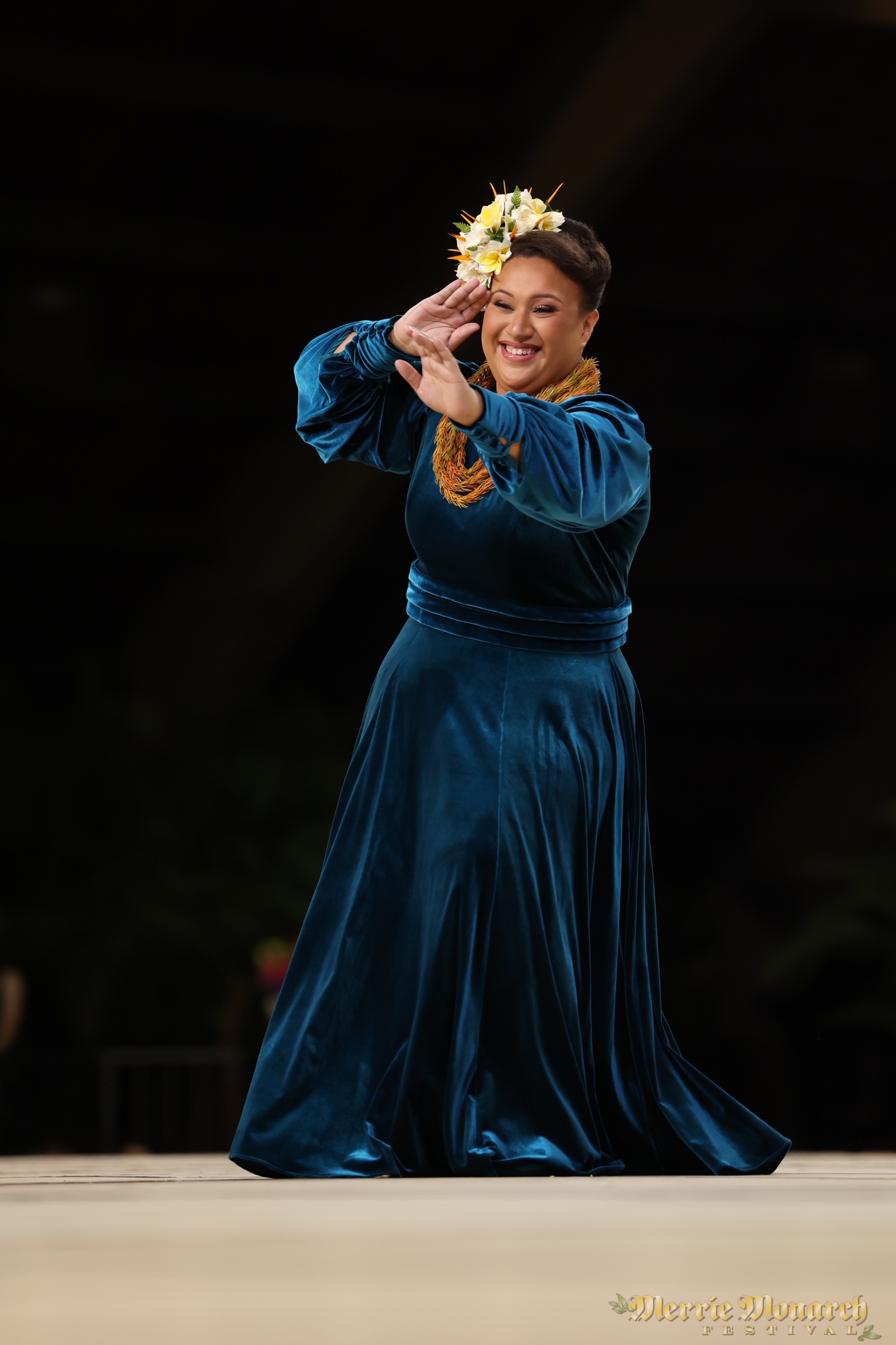 Hula dancers performing at the Merrie Monarch Festival 2025